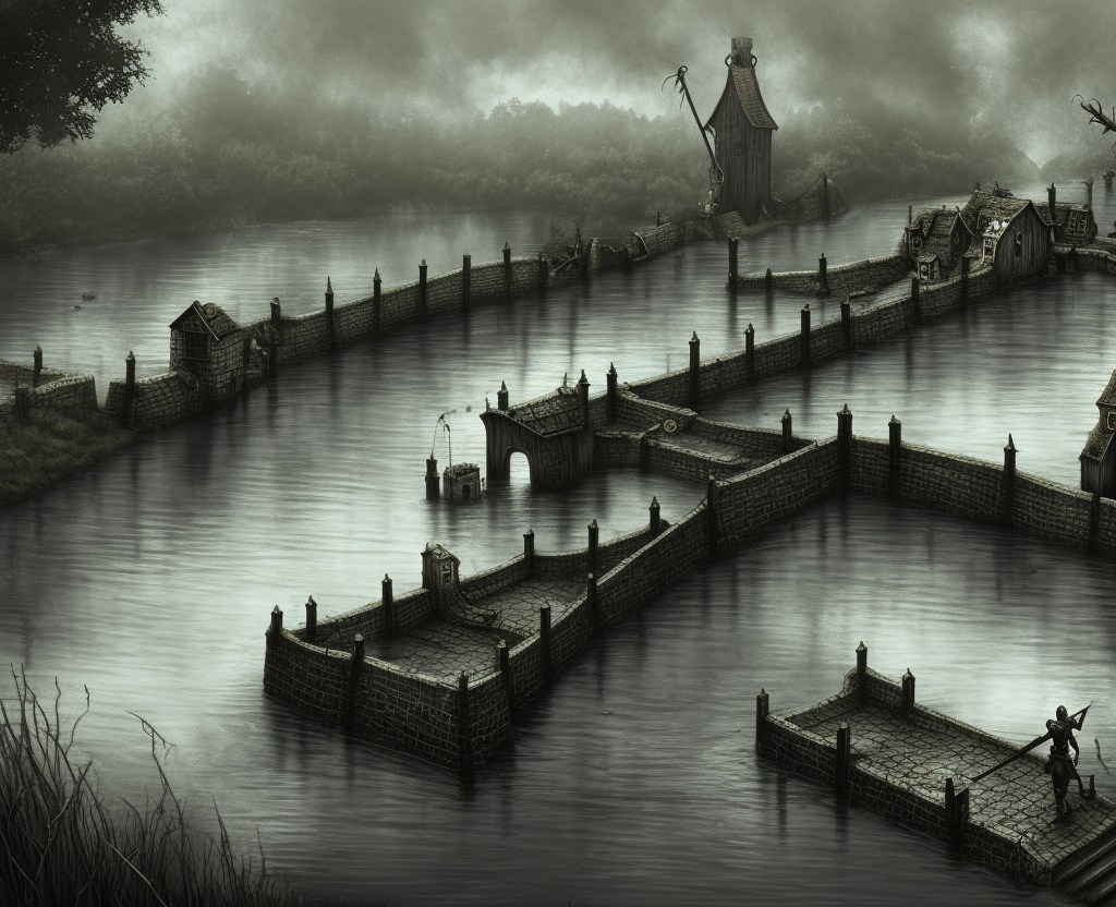 dark medieval wide river, river lock with two wide sluices between island and shore, different water levels, Warhammer fantasy, single building, summer, trees, fishing, nets, black adder, misty, overcast, Dark, creepy, grim-dark, gritty, Yuri Hill, hyperdetailed, realistic, illustration, high definition