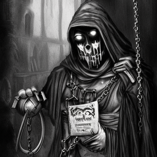 cultist of Belakor in black hood holding book in medieval dark alley, belt made from chains, soot-covered face, big black nails in flesh, black shadow magic, Warhammer fantasy, creepy, grim-dark, gritty, realistic, illustration, high definition