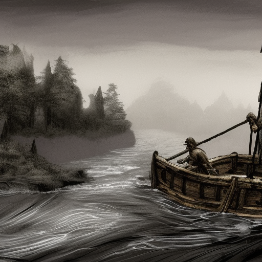 dark medieval wide straight river, rocky rapids, levelled water, Warhammer fantasy, lock with two sluices between island and shore, house, rocks, summer, trees, nets, fishing, black adder, muddy, misty, overcast, Dark, creepy, grim-dark, gritty, hyperdetailed, realistic, illustration, high definition