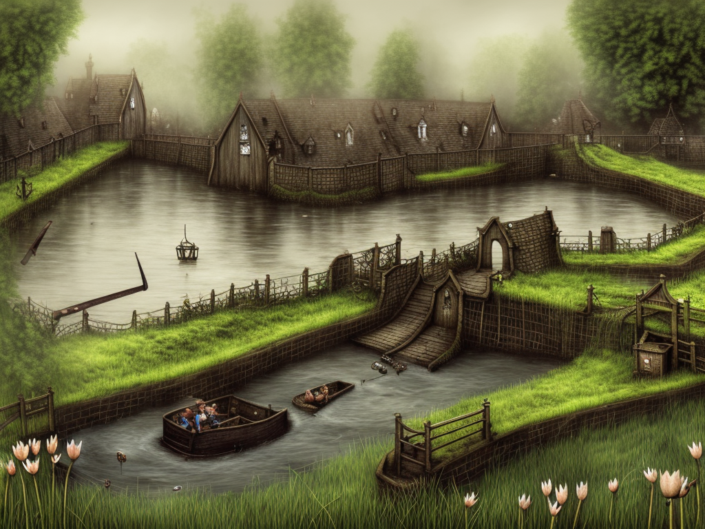 dark medieval river lock, wide river, single building, Warhammer fantasy, summer, bushes, trees, nets, fishing, fish, water lily, duckweed, boat, poor, black adder, muddy, puddles, misty, overcast, Dark, creepy, grim-dark, gritty, detailed, realistic, illustration, high definition