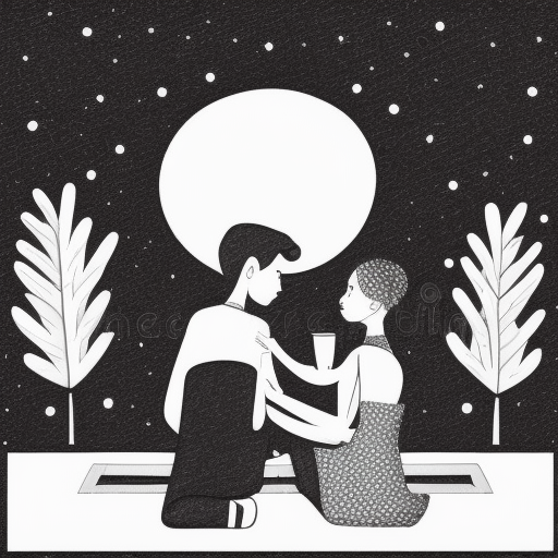 Boy and girl sitting on a rooftop terrace at night and girl with a coffee mug in her hand black and white pencil illustration high quality