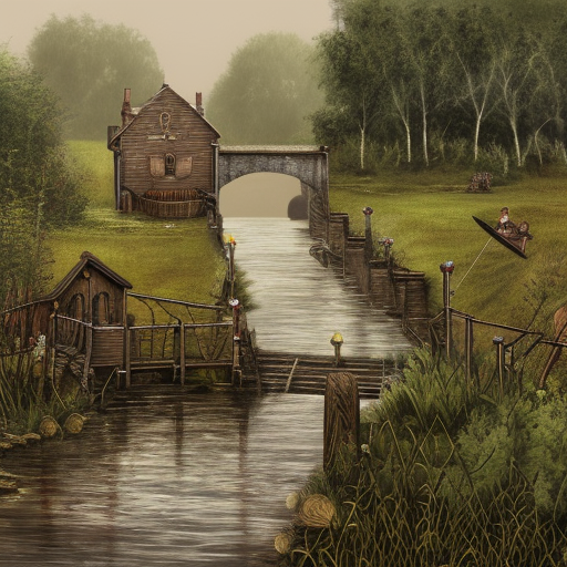 Dark medieval wide rocky river lock with two sluices, lock gates, one house, Warhammer fantasy, summer, bushes, trees, nets, fishing, fish, water-lily, boat, poor, black adder, muddy, puddles, misty, overcast, Dark, creepy, grim-dark, gritty, detailed, realistic, illustration, high definition