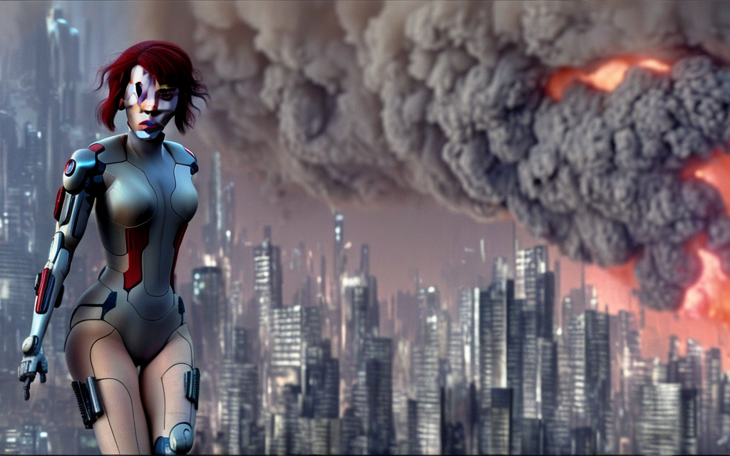 one very realistic scarlett johansson from ghost in the shell falling from the sky, futuristic city that is on fire, signs and flying cars


