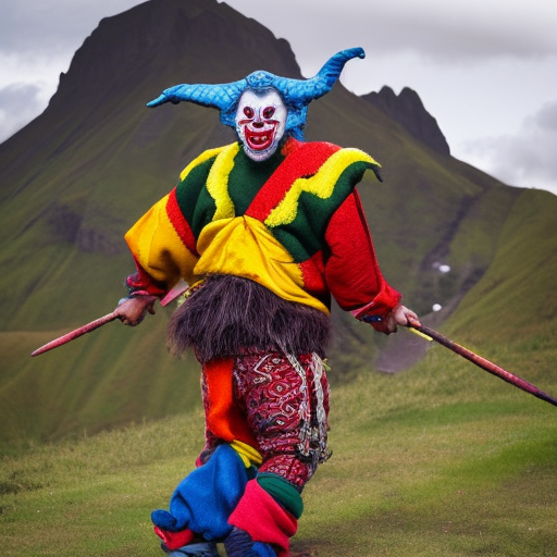 angry clown on the back of a dragon from game of thrones with clothes in ecuadorian colours from further perspective