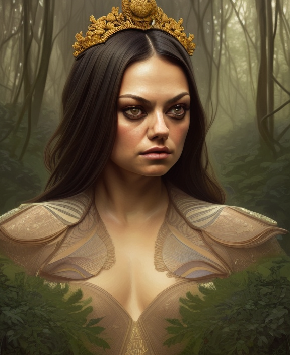 symmetry portrait of mila kunis princess, forest background, intricate, elegant, highly detailed, digital painting, artstation, concept art, smooth, sharp focus, illustration, art by artgerm and greg rutkowski and fra angelico and alphons mucha