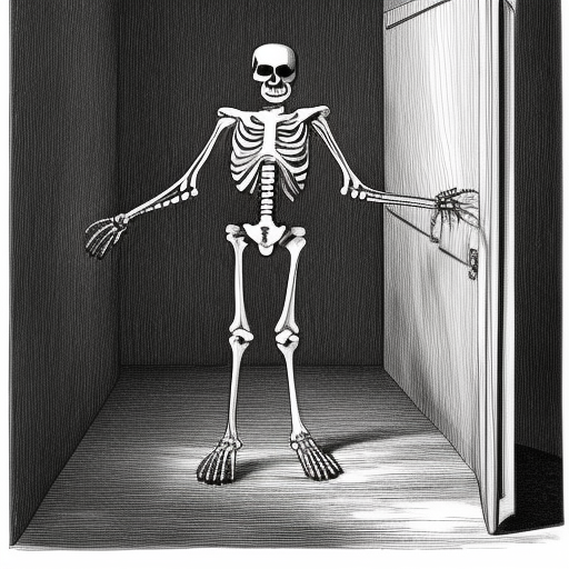 Skeleton in the closet engraving scary black and white high quality 