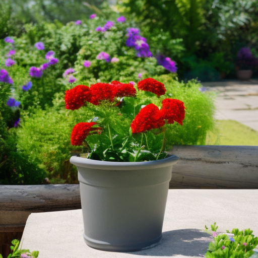 flowers in a pot, lush greenery in the background
