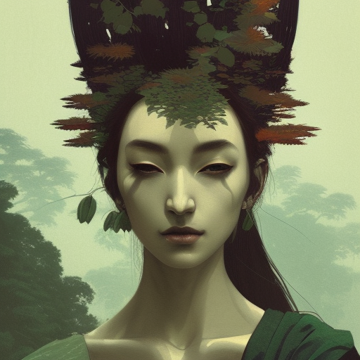 a beautiful portrait of a plant goddess by Greg Rutkowski and Raymond Swanland, forest background, Trending on Artstation, ultra realistic digital art Ukiyo-e Japanese woodblock