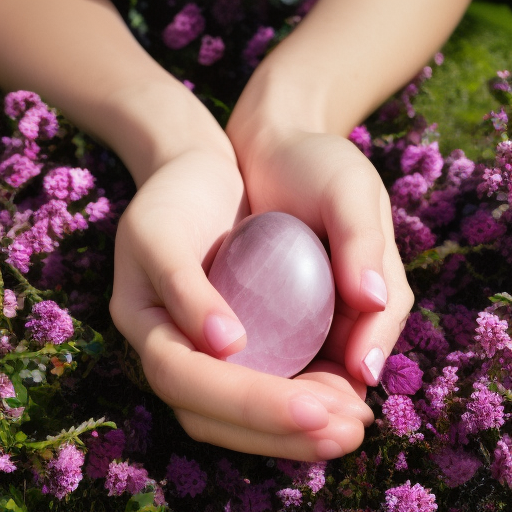  Woman holding a rose quartz crystal egg