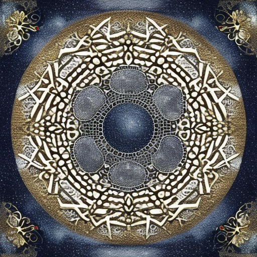 A mixed media artwork of a filigree moon, with layers of intricate cutouts and metallic elements adding depth and texture to the piece, created by an artist known for their experimental and innovative techniques. (Keywords: mixed media artwork, filigree moon, intricate cutouts, metallic elements, depth, texture, experimental, innovative techniques, artist. Artist: Krista Harris)