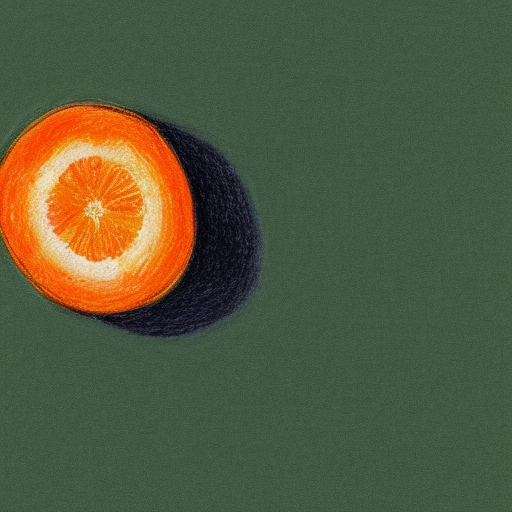 an orange in section drawn with colored crayons on an olive background