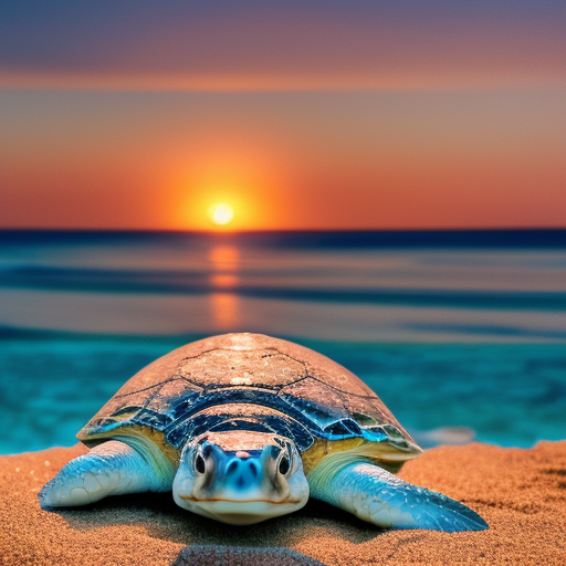 Create an image of a beautiful beach scene, with crystal clear water and white sand, including a big sea turle on the foreground, with a breathtaking sunset in the background. ultra-realistic, cinematic lighting 80mm lens, 8k, photography bokeh