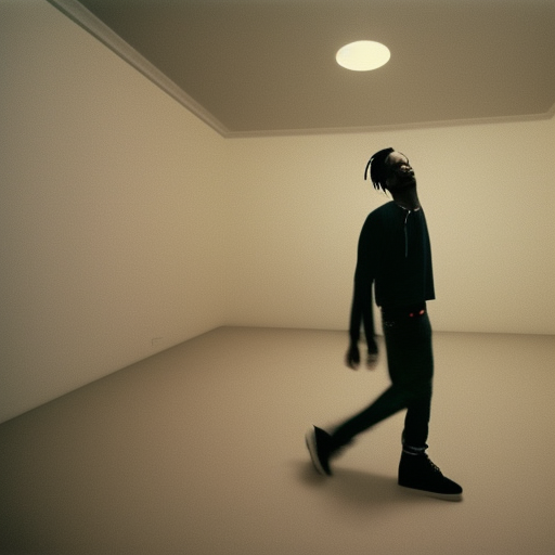 Long shot, full body shot, Travis Scott walking in a white walled room, vintage color polaroid by Andy Warhol ultra-realistic portrait cinematic lighting 80mm lens, 8k, photography bokeh