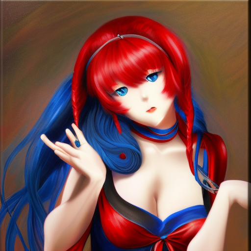 masterpiece, best quality, 1girl, blue hair, black eyes, red dres, langrisser mobile(style), full body, hide hand , oil painting on canvas
