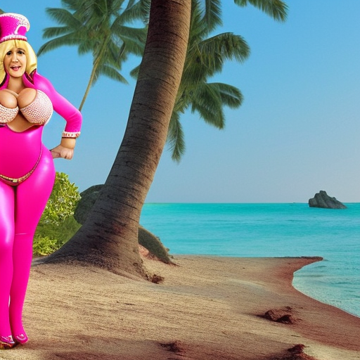 Realistic, high-quality, detailed, 8k, photorealistic, attractive, gorgeous, beautiful, extremely massive breasted, feminine, female genie wearing extremely revealing pink genie outfit with red vest and pink hairband  summoned out of magic bottle on a deserted Island and is ready to grant your every wish