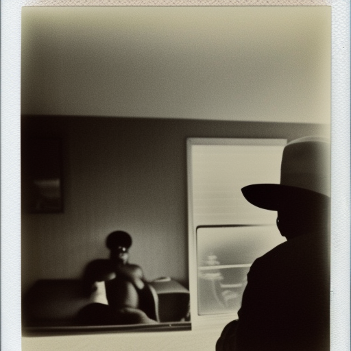 Long shot, Polaroid, African American cowboy watching TV in run down motel room