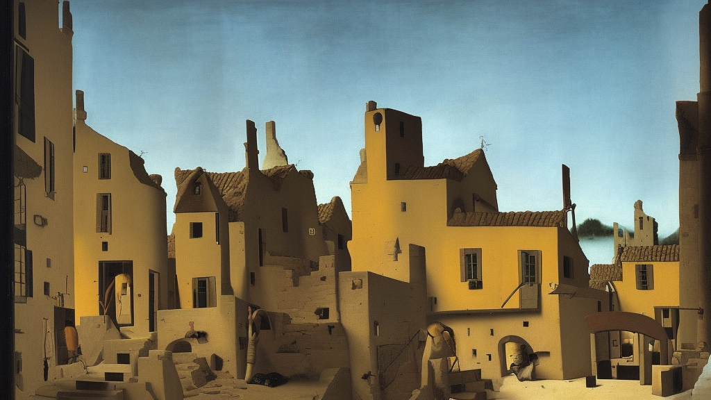 a painting of ancient roman village houses by yves tanguy and vermeer and botticelli, dramatic lighting, analogous complementary colour scheme, vivid colours