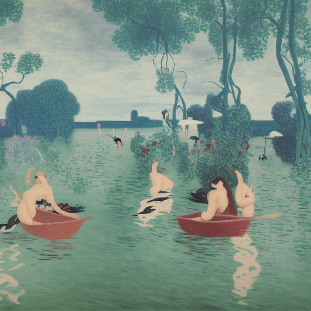 painting of flood waters inside an art gallery, sensual female emo art student, a river flooding indoors, pomegranates, pigs, ikebana, water, octopus, river, rapids, waterfall, black swans, canoe, berries, acrylic on canvas, surrealist, by magritte and monet