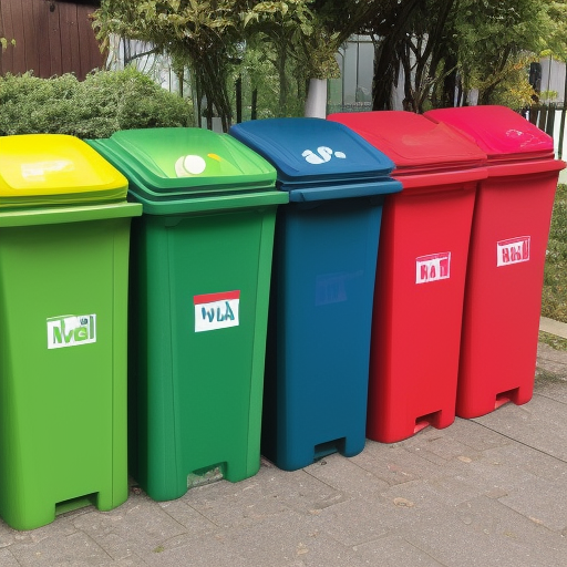 wheelie bins aligned in a matrix with different coloured lids