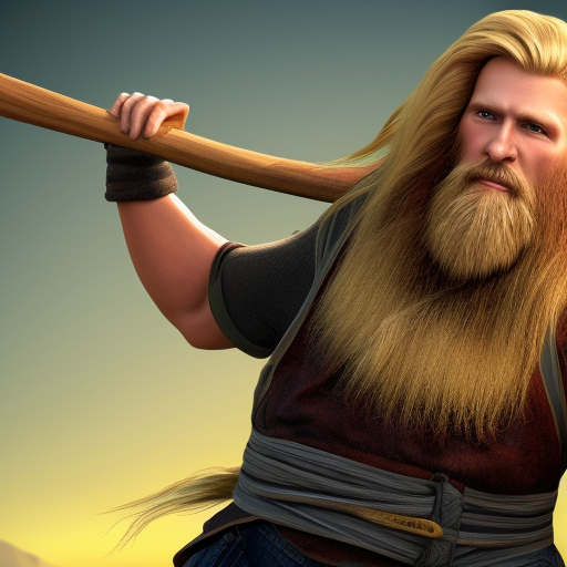 made with standard CGI graphics where the main object is a burly man, with long blonde hair and a handsome face holding an ax against a dragon