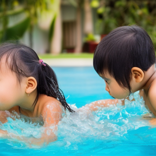 two Little malay girl kissing in swimming pool 