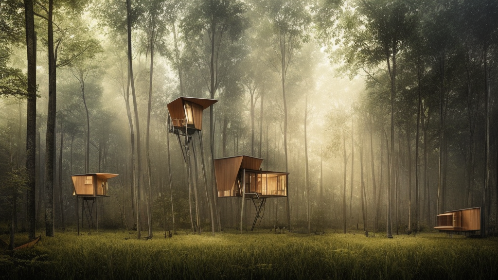 photo of real treehouses, on stilts, made of staked container with glass windows, modernist, mysterious dense forest, autumn lights, misty, smoky atmosphere, photorealism, sharp details, some rays of light, cgsociety, masterpiece, hyper - detailed, hd, hdr, 8 k, by ruan jia, michael komarck, greg rutkowski