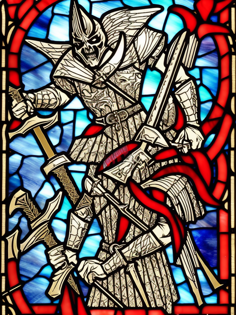 young evil satanic triumphant gladiator with sword, Warhammer fantasy, stained glass, black and red, gold and blue, grim-dark, detailed