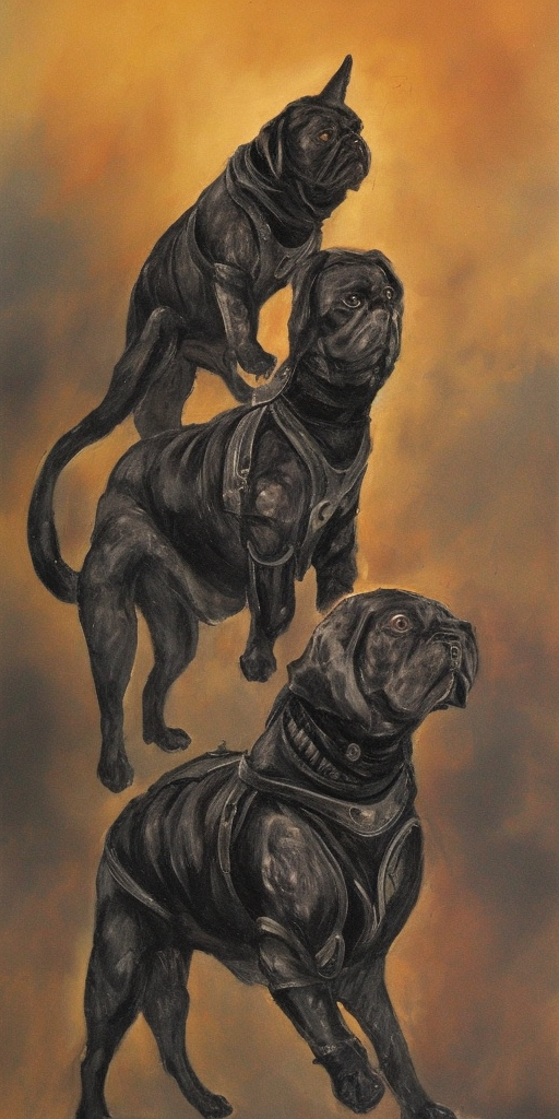 a painting of the First thought: Cerberus, this could be a good dog, a dog that is sometimes a bit much, but a good dog, that could be him. 

Second thought: tank, sword, war culture – the whole thing that forces me to run around fully armored.

Third thought: ZERRRRBERUS is one, as I am, one of the youngsters who had a sword pressed into their hands without being asked.

Thought gap: Breath

Fourth thought: OOOO ZERRREBERUSSS, the great Hades, who is basically the same as us, only appears big and strong on the outside.

Thought gap: Schnauf Schnauf

Fifth thought: Let's be honest: He doesn't appear like that anymore, he lets himself appear, uses as figures who, without having to show himself, play his stronger, greatness.
