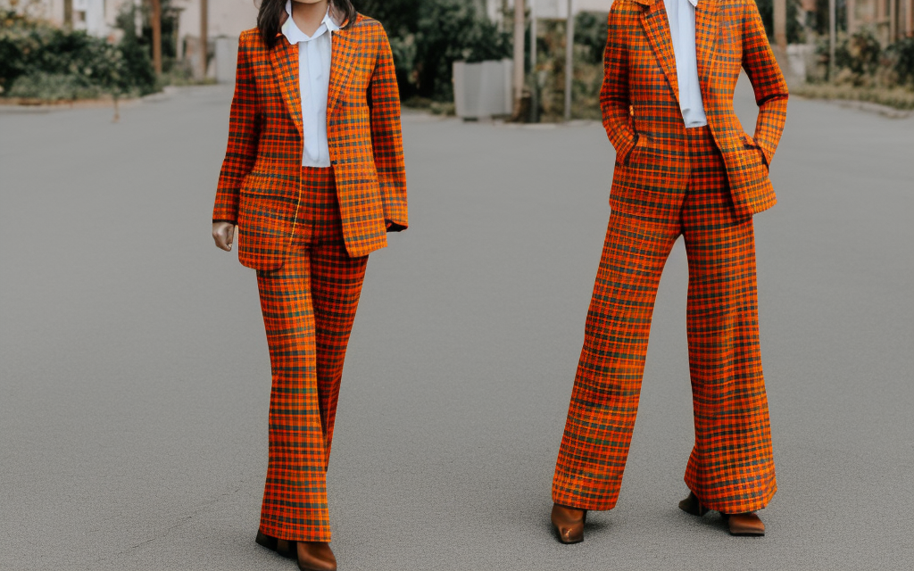 very realistic full body femaale fashion model dressed in orange plaid suit with flares, fadora hat and a large collar 
