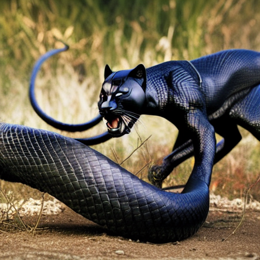 Black panther tackling a snake