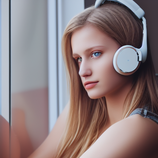 gorgeous young Swiss girl sitting by window with headphones on, wearing a tanktop, soft lips, beach blonde hair, octane render, unreal engine, photograph, realistic skin texture, photorealistic, hyper realism, highly detailed, 85mm portrait photography, award winning, hard rim lighting 