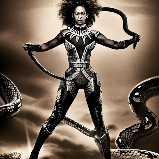 Beyonce as Black Panther tackling a snake. ultra-realistic portrait cinematic lighting 80mm lens, 8k, photography bokeh oil painting on canvas black and white pencil illustration high quality