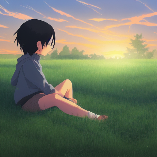 beautiful, detailed digital painting of two black-haired children sitting on a grass field looking at the sunset, anime by Makoto Shinkai, trending on artstation