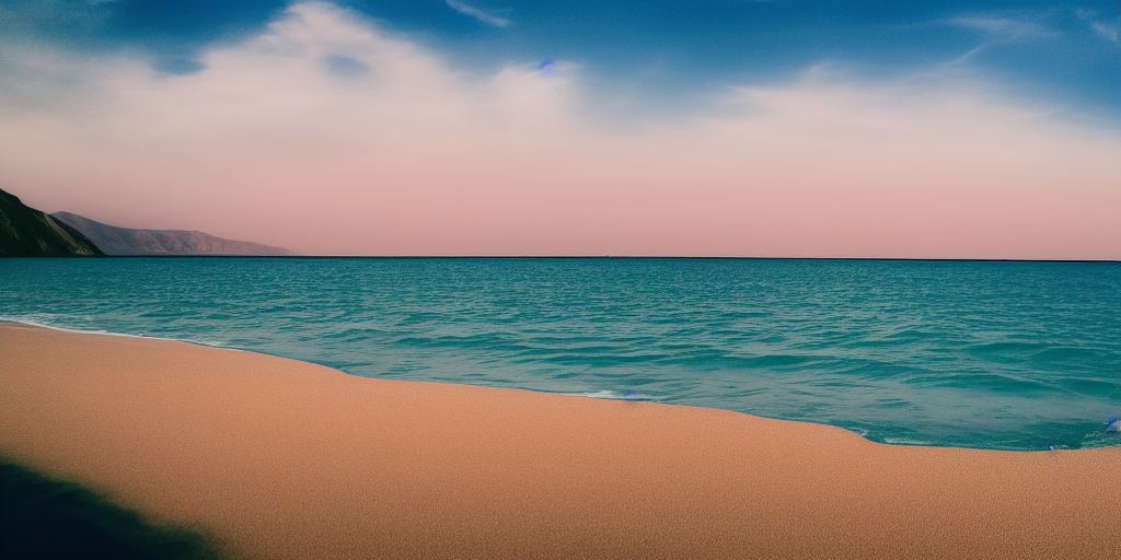 a beautiful landscape photo of a beach. the sand is blue. the water is pink. the moutain is yellow. the sky is green. highly detailed. national geographic. award winning. photoshoot