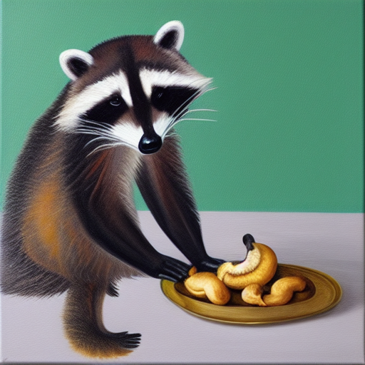 A raccoon eating a cashew  oil painting on canvas