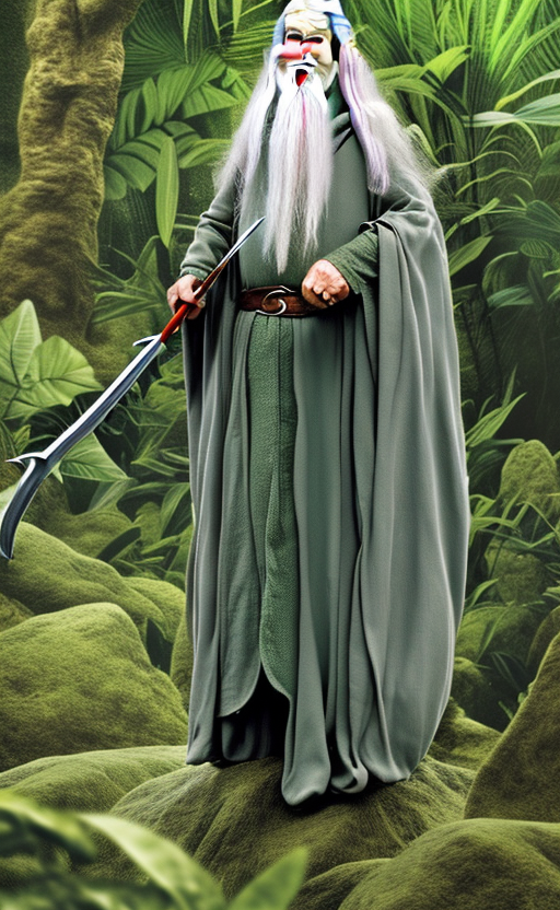 Gandalf wearing dark green standing on a fish in jungle