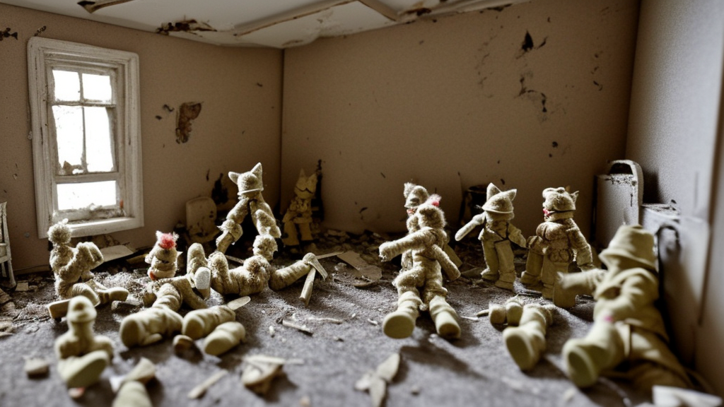 furry toy soldiers in abandoned dollhouse
