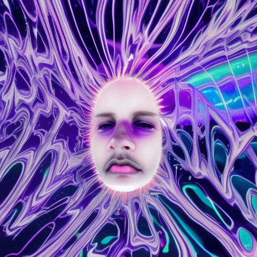 delirium portrait of a dripping liquid melting face in between aerodynamic purple smoke dust field inside of a infinite reflection of a shattered symmetric mirror world like in inception made of neon tinted glass shards floating chaotically through the space