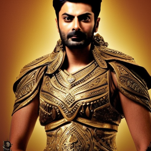FAWAD KHAN in warrior costume in golden hour with golden background, close face, fierce look