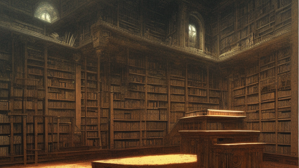ancient library by Beksinski, Luis Royo
