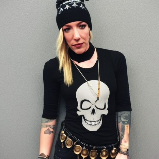 Skull shirt, Bullet necklace, black boots, short Blonde hair, beanie. Katie Cassidy as Chloe Price Life Is Strange