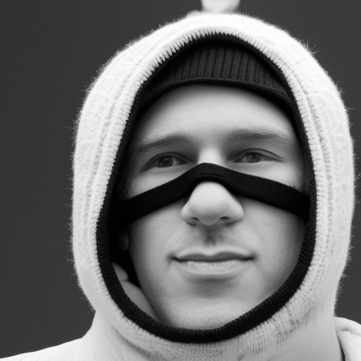 Black and white photo of man in a ski mask 