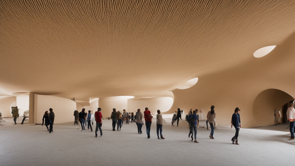 indoor photo of a complex cultural building made of 3 d printed rammed earth, people walking