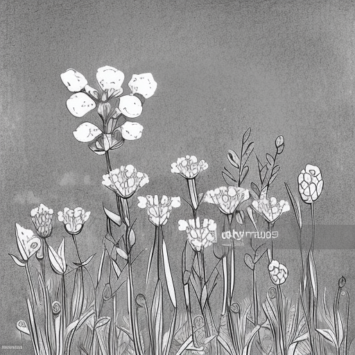 a lavander flower character for children's book ilustration, cute, sweet and calm atmosphere in a garden black and white pencil illustration high quality