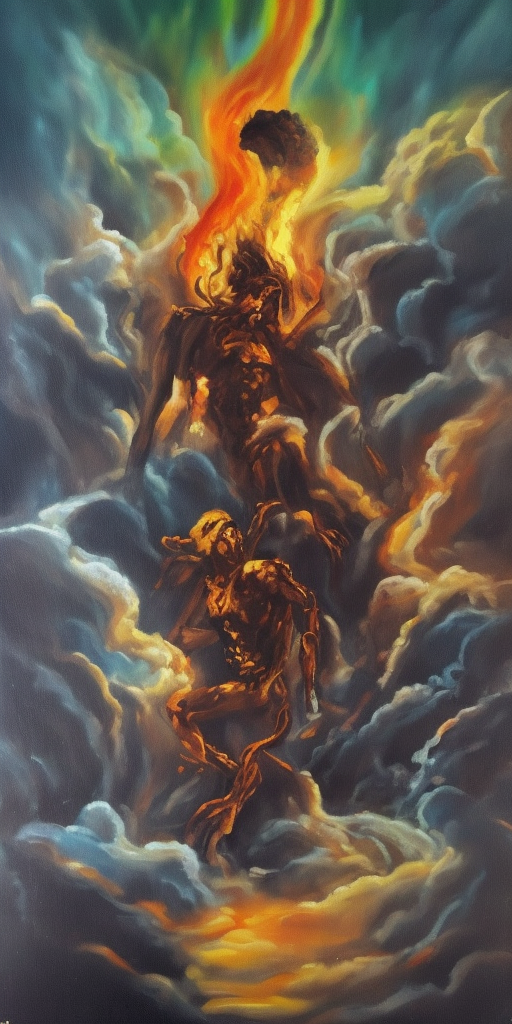 a oil painting of Run Run Wheeze Run out Prevent Support on your knees Fight back up Take a deep breath! OOOO ZERRREBERUSSS, the great Hades, who is basically the same as us, only appears big and strong on the outside. 
