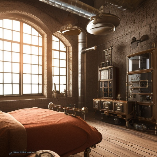 steampunk room with lots of pipes, octane render, 3D art, ultra realistic, large windows, bedroom, cosy bed