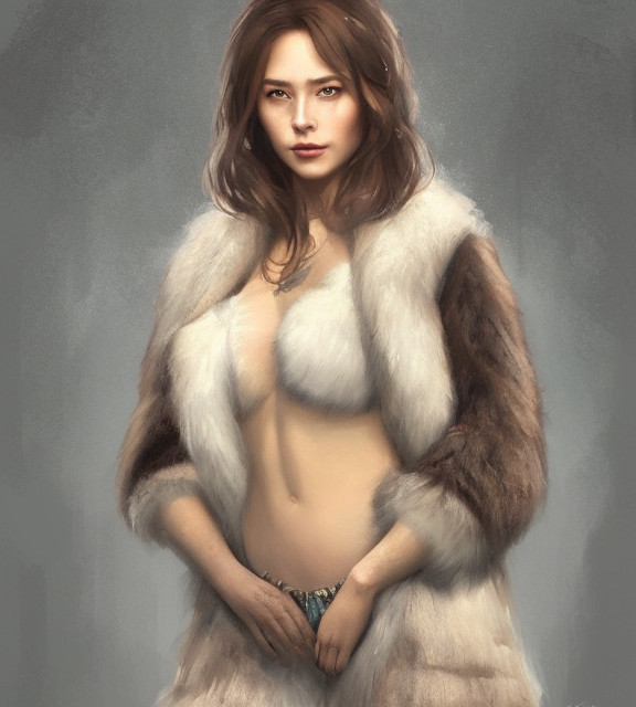 a beautiful siberian girl with bear fur coat with decollete and bra | | winter, realistic shaded, unpleasant face, bad looking, fine details, realistic shaded lighting poster by greg rutkowski, magali villeneuve, artgerm, jeremy lipkin and michael garmash and rob rey