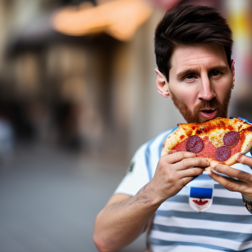 Messi eating pizza y barcelona ultra-realistic portrait cinematic lighting 80mm lens, 8k, photography bokeh