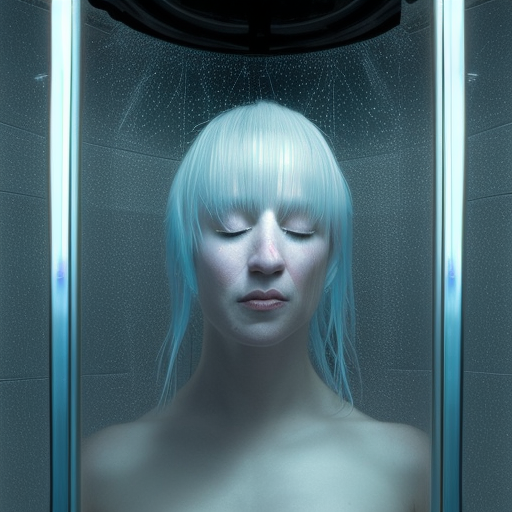 female suspended weightless in water inside glass tank. wearing light blue complex hyperdetailed technical suit. white hair flowing. reflection. rays and dispersion of light. volumetric light. 5 0 mm, f / 3 2. noise film photo. ultra realistic, wide angle. wayne barlowe, hajime sorayama aaron horkey, craig mullins