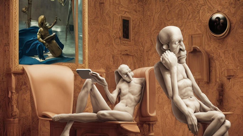 hyperrealism aesthetic ridley scott and caravaggio and denis villeneuve style photography of a detailed giant squidward, siting on a detailed ultra huge toilet and scrolling his smartphone in surreal scene from detailed art house movie in style of alejandro jodorowsky and wes anderson